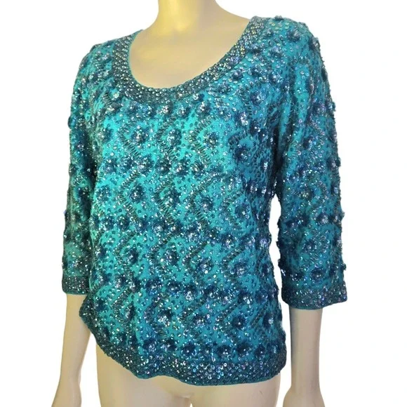 Vintage 60s Wool Beaded Sequin Sweater Back Zip Turquoise Silk-lined By Cavanagh